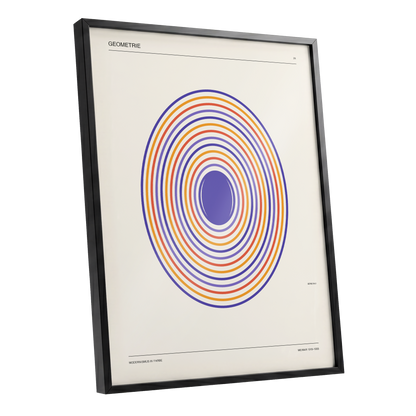 Chromatic Orbit, beige, purple, orange abstract wall art shown as a black framed poster wall art print