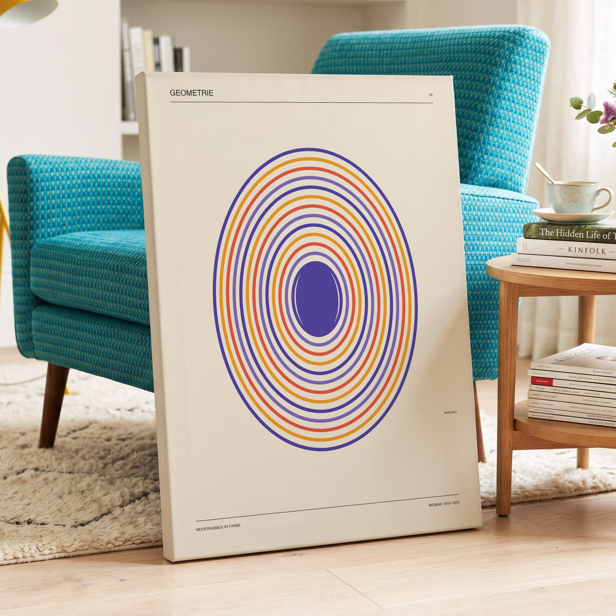 Chromatic Orbit, beige, purple, orange abstract wall art on canvas displayed in a styled interior, gallery view 2