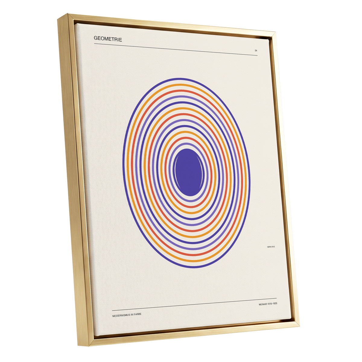 Chromatic Orbit, beige, purple, orange abstract wall art shown as a gold framed canvas wall art