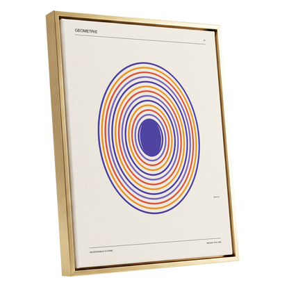 Chromatic Orbit, beige, purple, orange abstract wall art shown as a gold framed canvas wall art