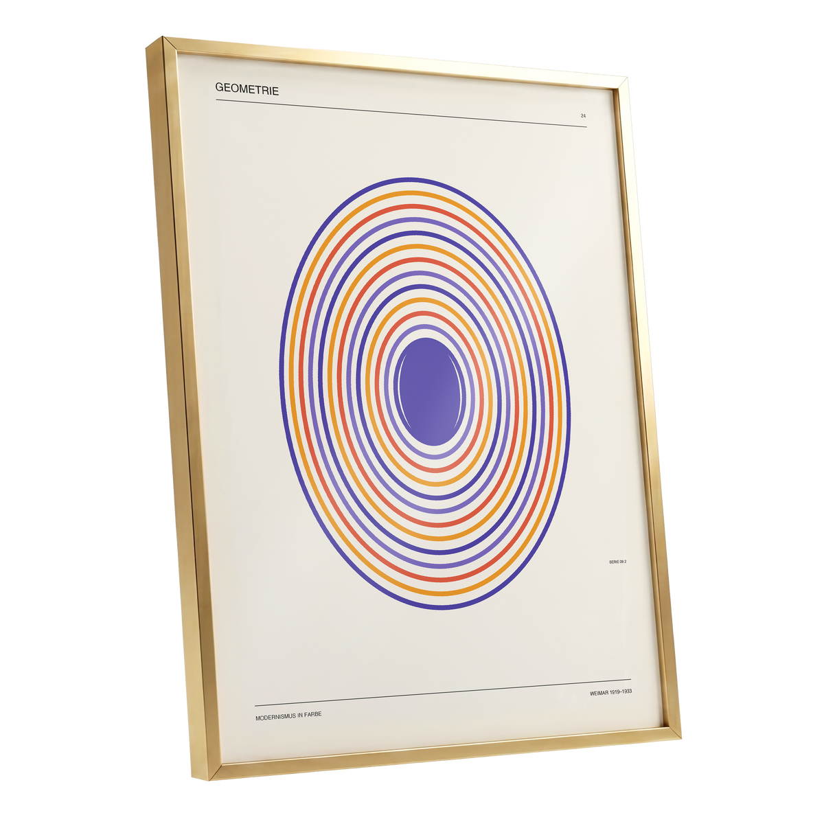 Chromatic Orbit, beige, purple, orange abstract wall art shown as a gold framed poster wall art print