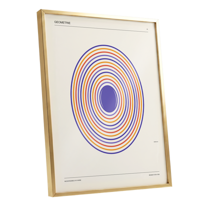 Chromatic Orbit, beige, purple, orange abstract wall art shown as a gold framed poster wall art print