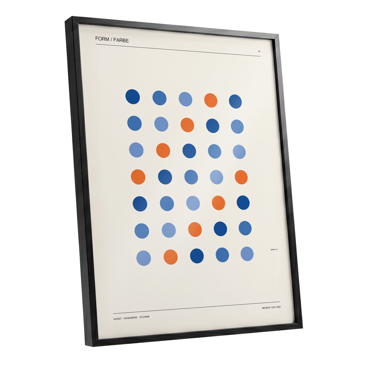 Chromatic Orbit Grid, beige, blue, orange minimalist wall art shown as a black framed poster wall art print