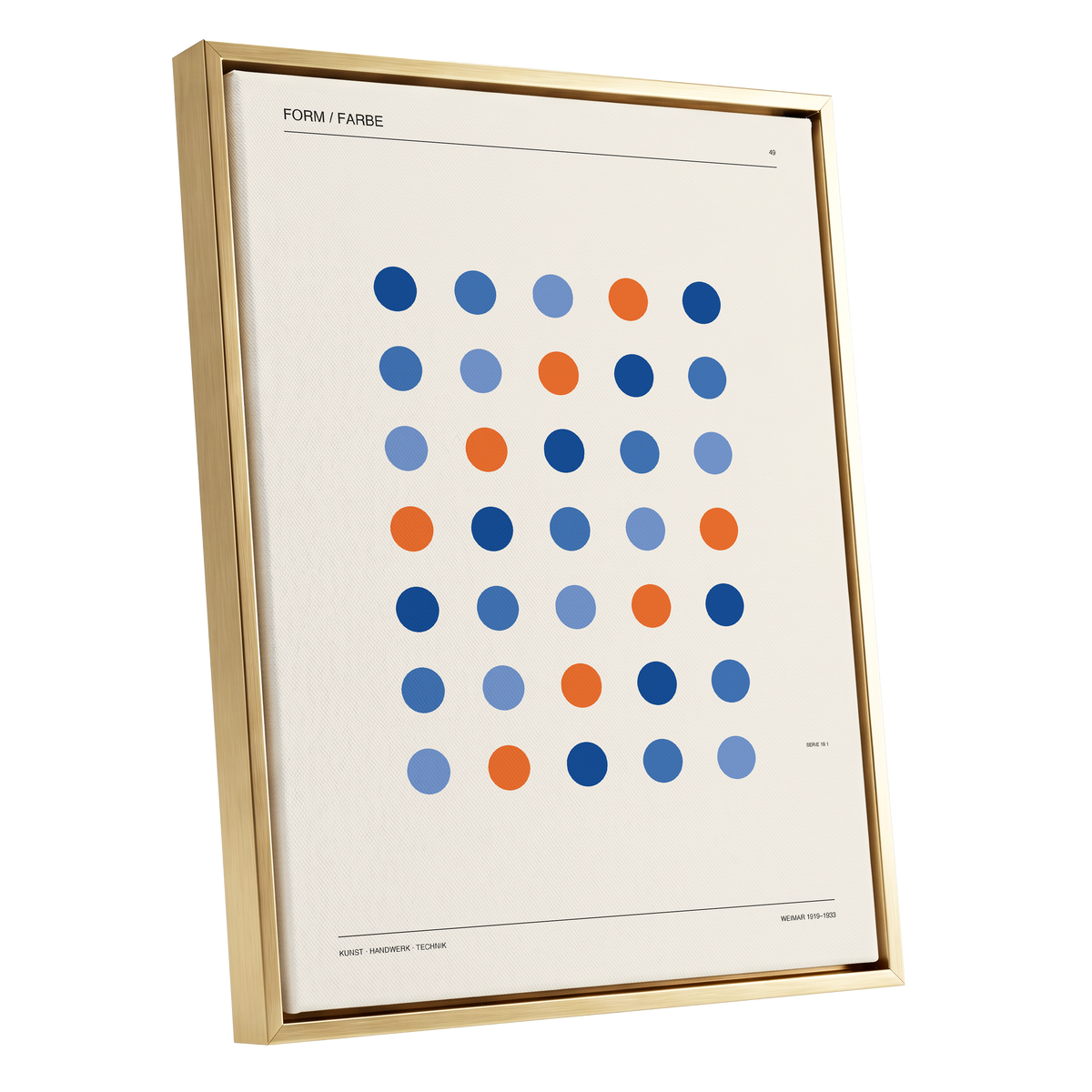 Chromatic Orbit Grid, beige, blue, orange minimalist wall art shown as a gold framed canvas wall art