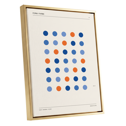 Chromatic Orbit Grid, beige, blue, orange minimalist wall art shown as a gold framed canvas wall art