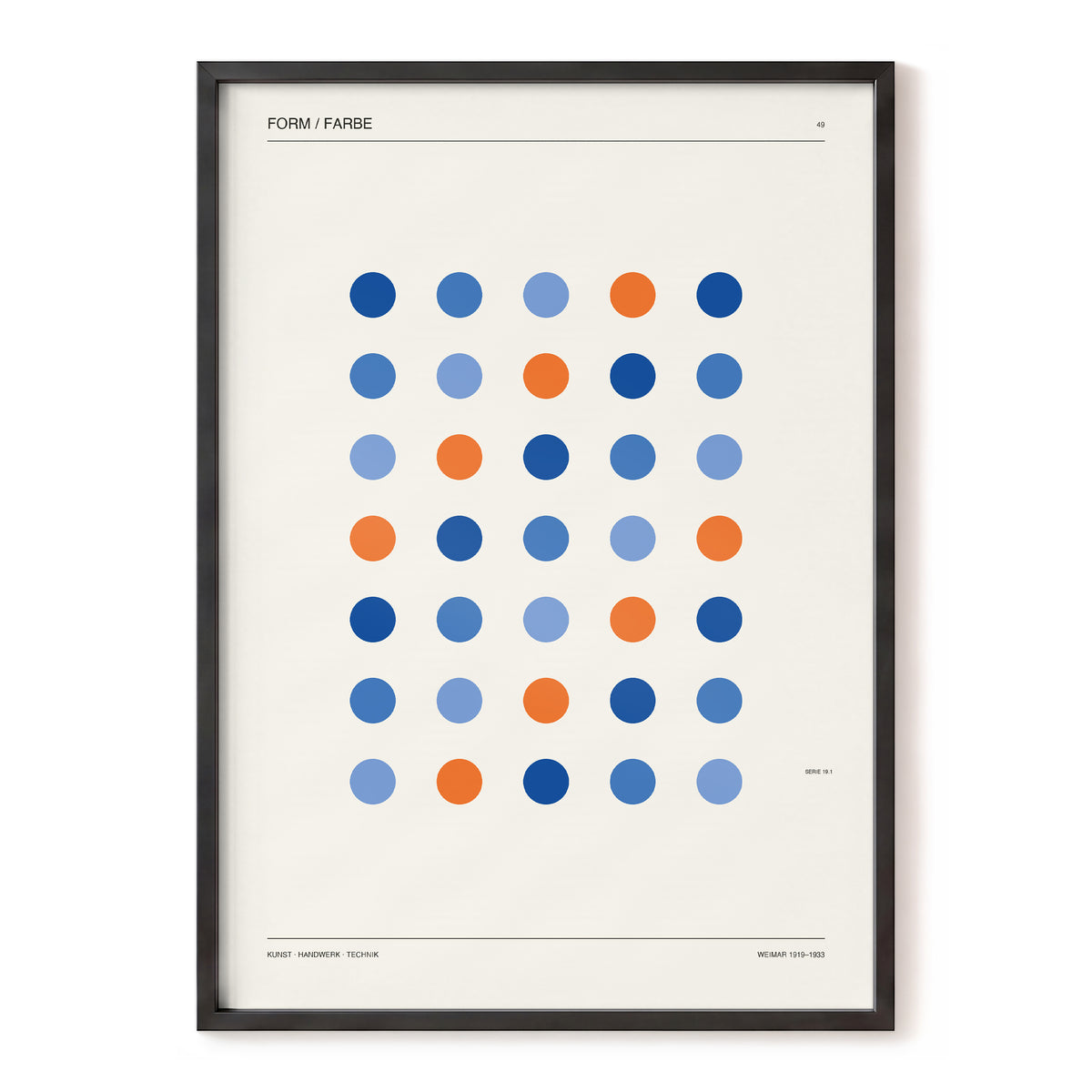 Chromatic Orbit Grid, beige, blue, orange minimalist wall art, front artwork view