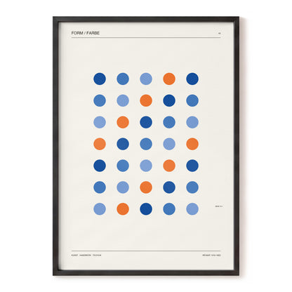 Chromatic Orbit Grid, beige, blue, orange minimalist wall art, front artwork view