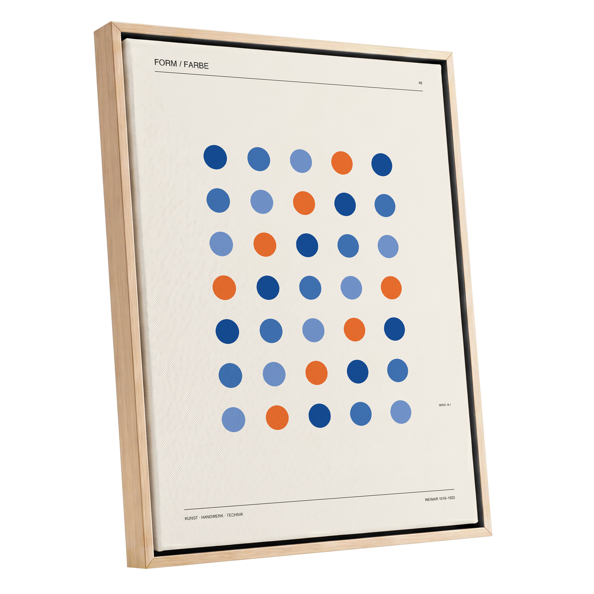 Chromatic Orbit Grid, beige, blue, orange minimalist wall art shown as a oak framed canvas wall art