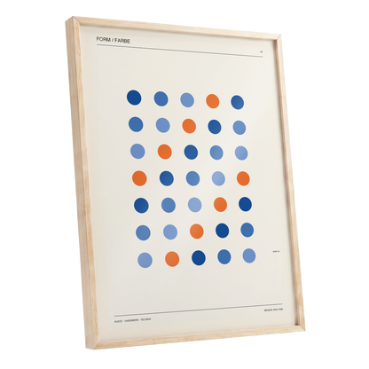 Chromatic Orbit Grid, beige, blue, orange minimalist wall art shown as a oak framed poster wall art print