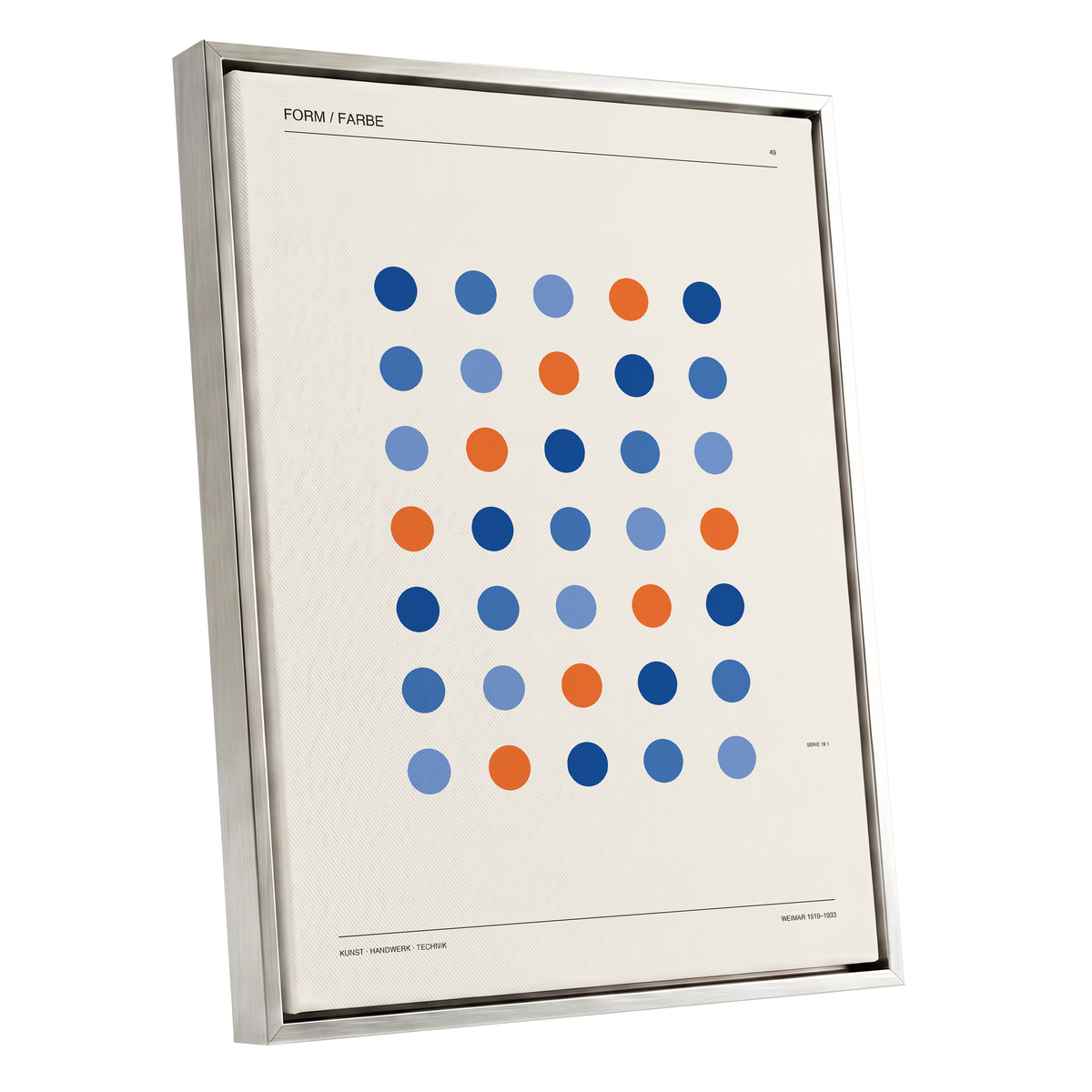Chromatic Orbit Grid, beige, blue, orange minimalist wall art shown as a silver framed canvas wall art