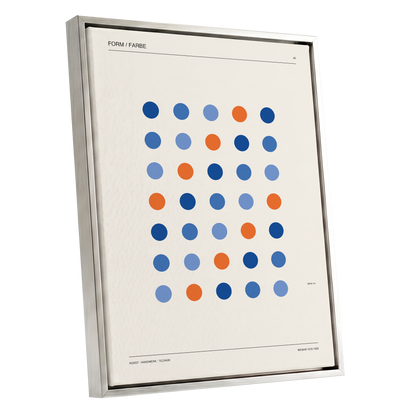 Chromatic Orbit Grid, beige, blue, orange minimalist wall art shown as a silver framed canvas wall art