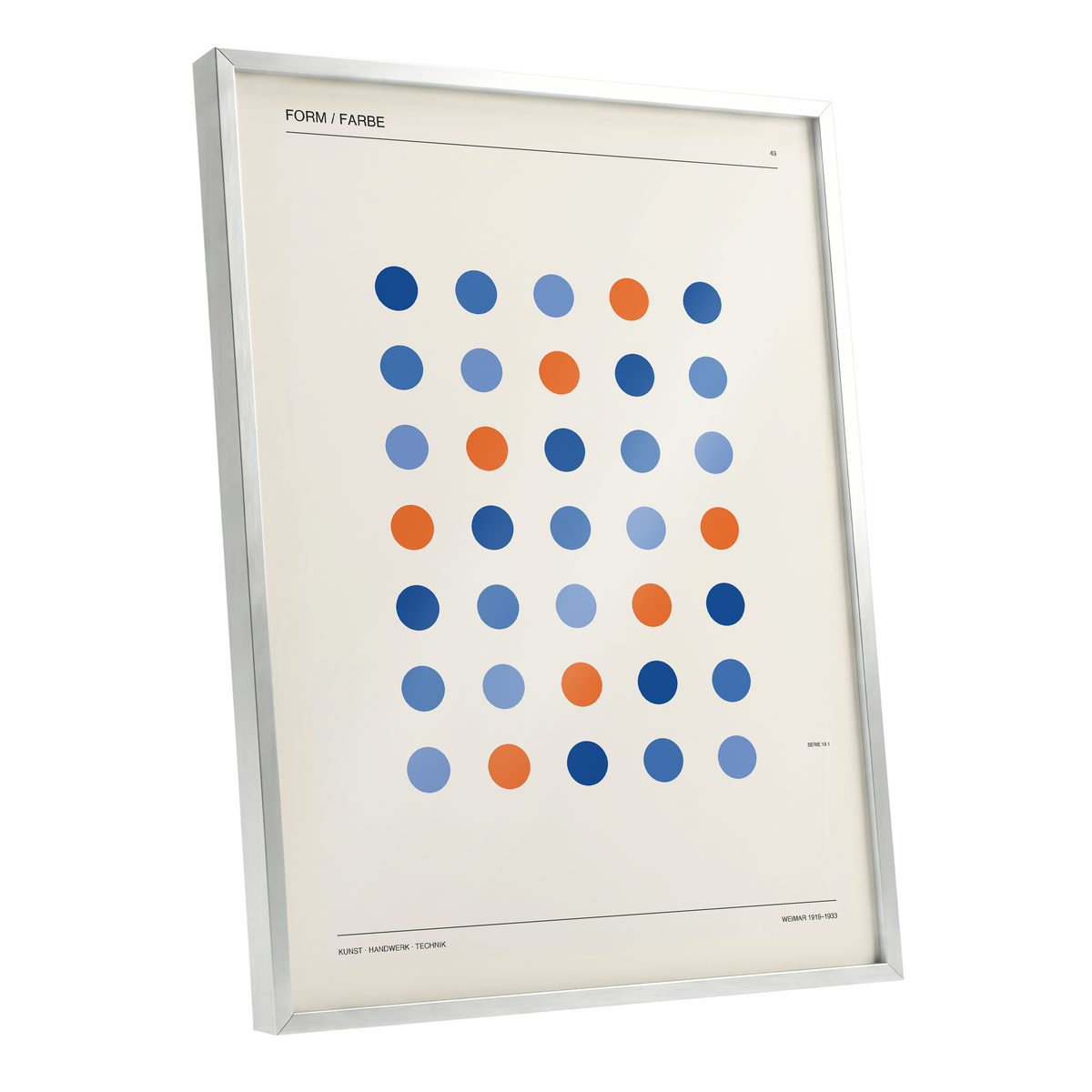 Chromatic Orbit Grid, beige, blue, orange minimalist wall art shown as a silver framed poster wall art print