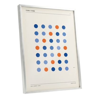 Chromatic Orbit Grid, beige, blue, orange minimalist wall art shown as a silver framed poster wall art print