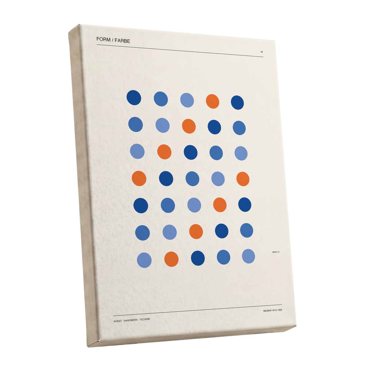 Chromatic Orbit Grid, beige, blue, orange minimalist wall art shown as a stretched canvas wall art