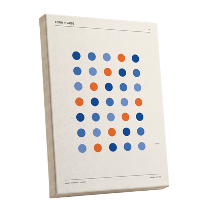 Chromatic Orbit Grid, beige, blue, orange minimalist wall art shown as a stretched canvas wall art