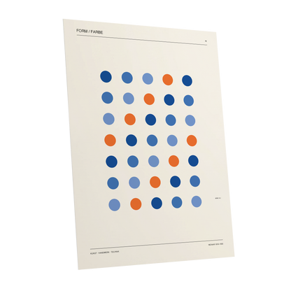 Chromatic Orbit Grid, beige, blue, orange minimalist wall art shown as a unframed poster wall art print