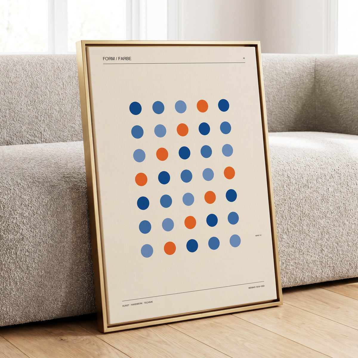 Chromatic Orbit Grid, beige, blue, orange minimalist wall art displayed in a styled interior, gallery view 1