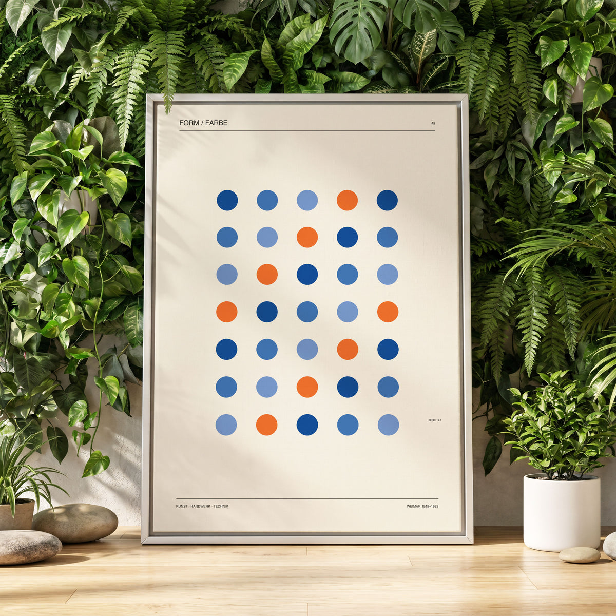 Chromatic Orbit Grid, beige, blue, orange minimalist wall art displayed in a styled interior, gallery view 2