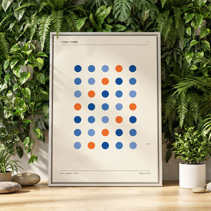 Chromatic Orbit Grid, beige, blue, orange minimalist wall art displayed in a styled interior, gallery view 2