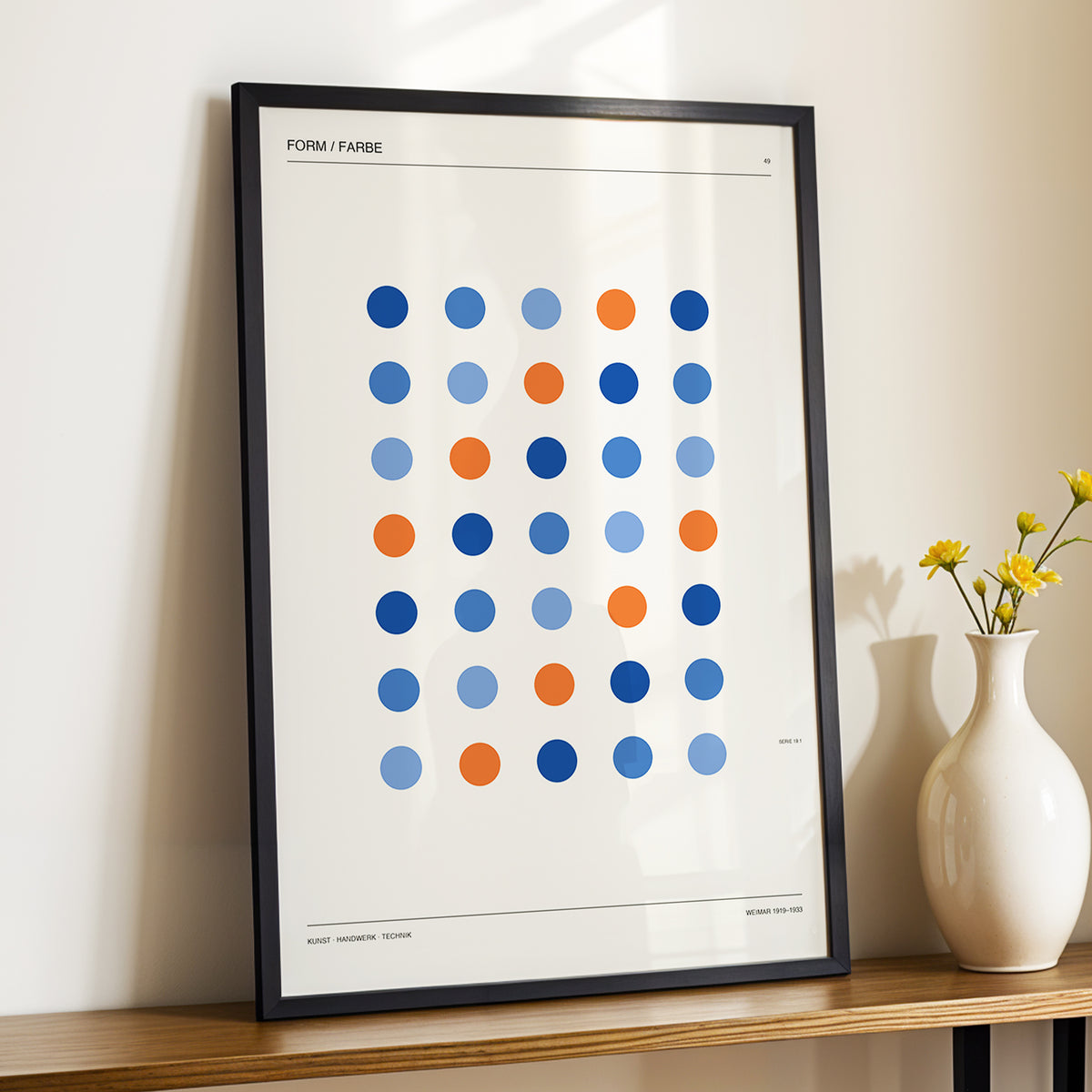 Chromatic Orbit Grid, beige, blue, orange minimalist wall art displayed in a styled interior, gallery view 4