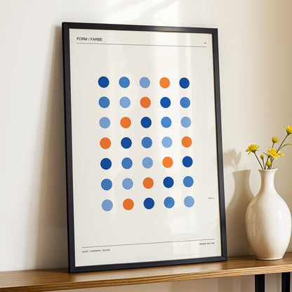 Chromatic Orbit Grid, beige, blue, orange minimalist wall art displayed in a styled interior, gallery view 4