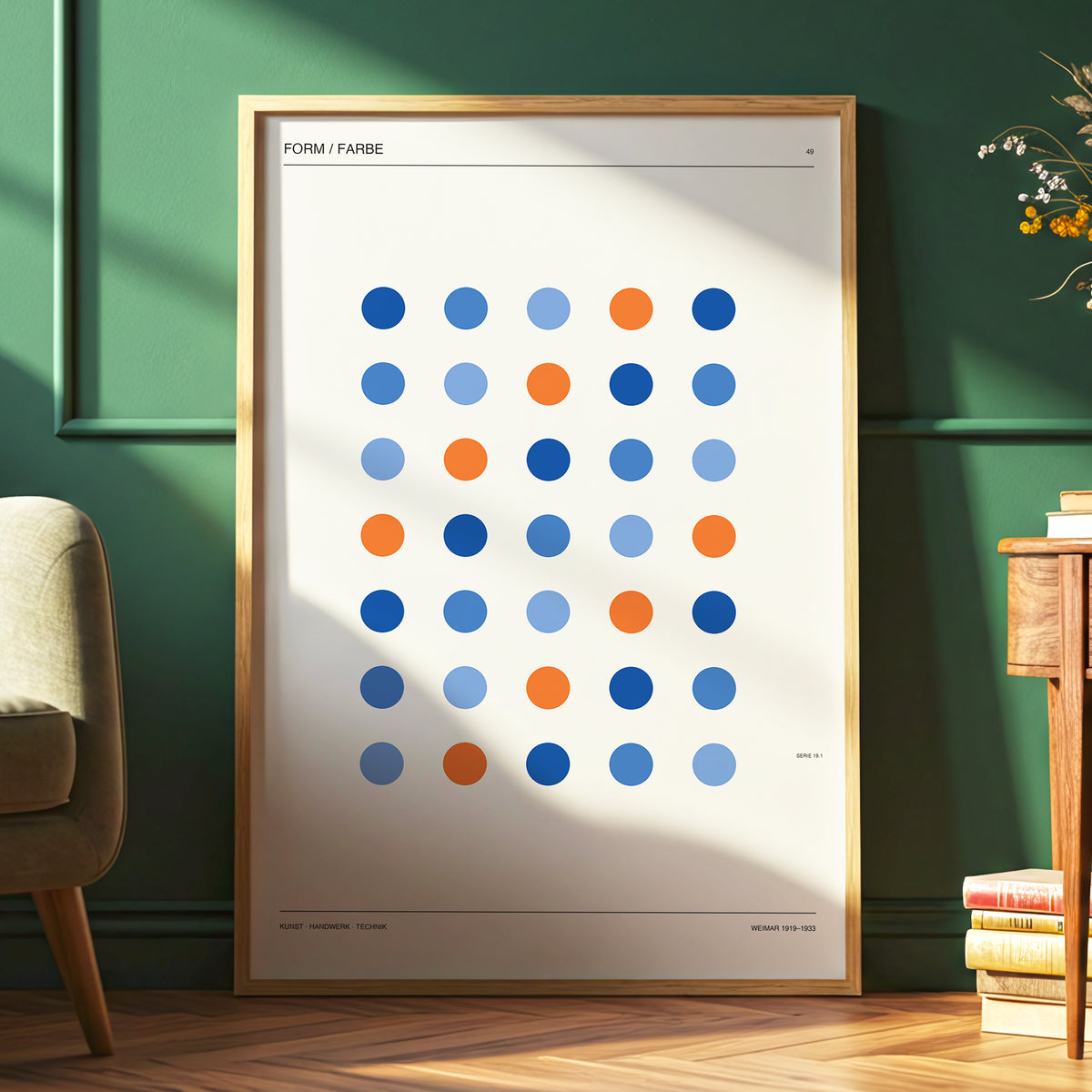 Chromatic Orbit Grid, beige, blue, orange minimalist wall art displayed in a styled interior, gallery view 6
