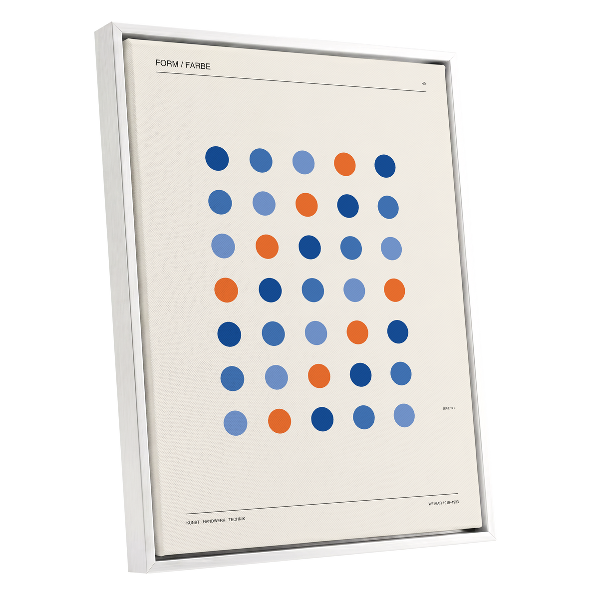 Chromatic Orbit Grid, beige, blue, orange minimalist wall art shown as a white framed canvas wall art
