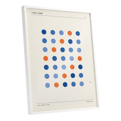Chromatic Orbit Grid, beige, blue, orange minimalist wall art shown as a white framed poster wall art print