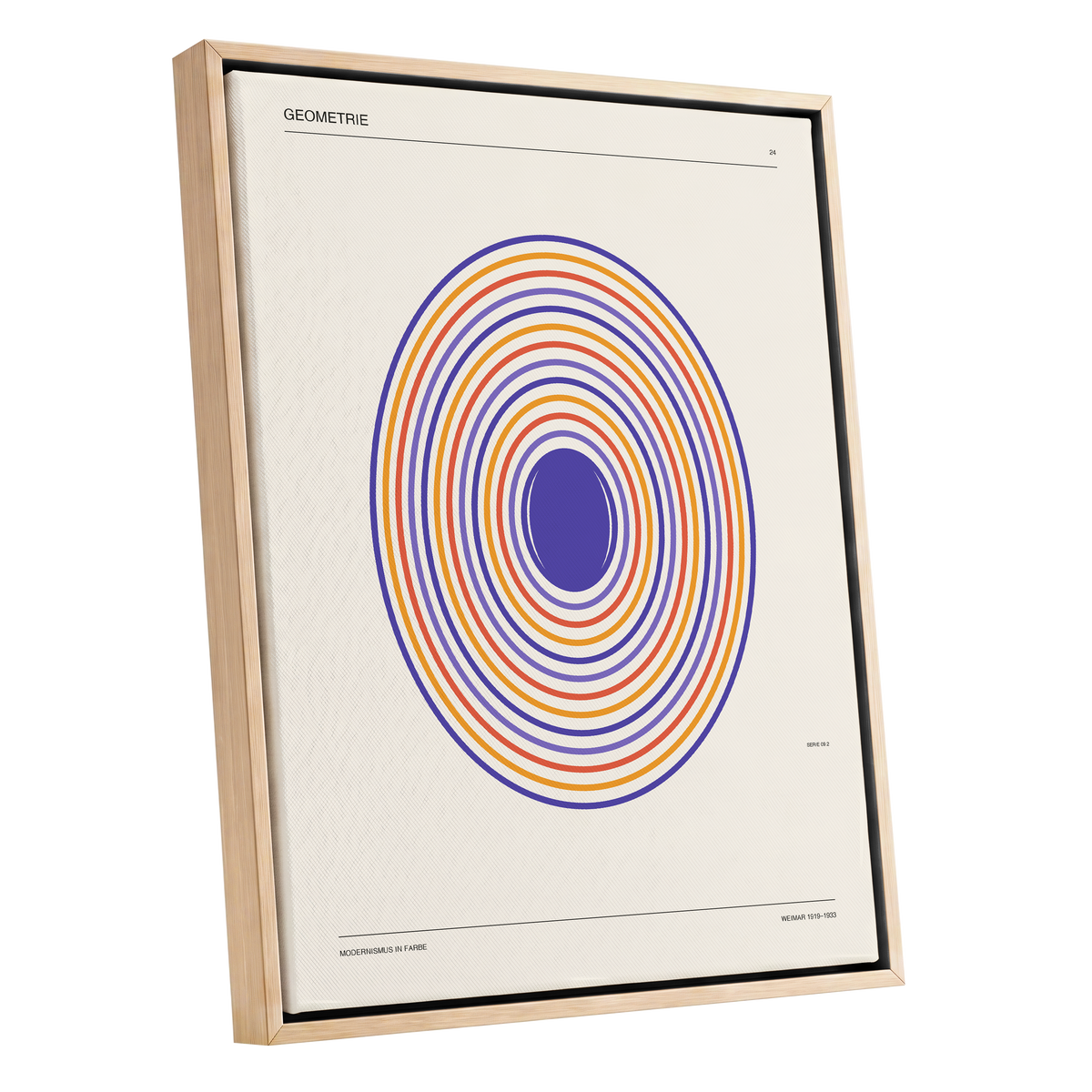 Chromatic Orbit, beige, purple, orange abstract wall art shown as a oak framed canvas wall art