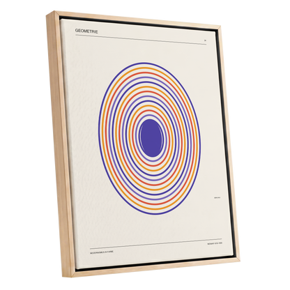 Chromatic Orbit, beige, purple, orange abstract wall art shown as a oak framed canvas wall art