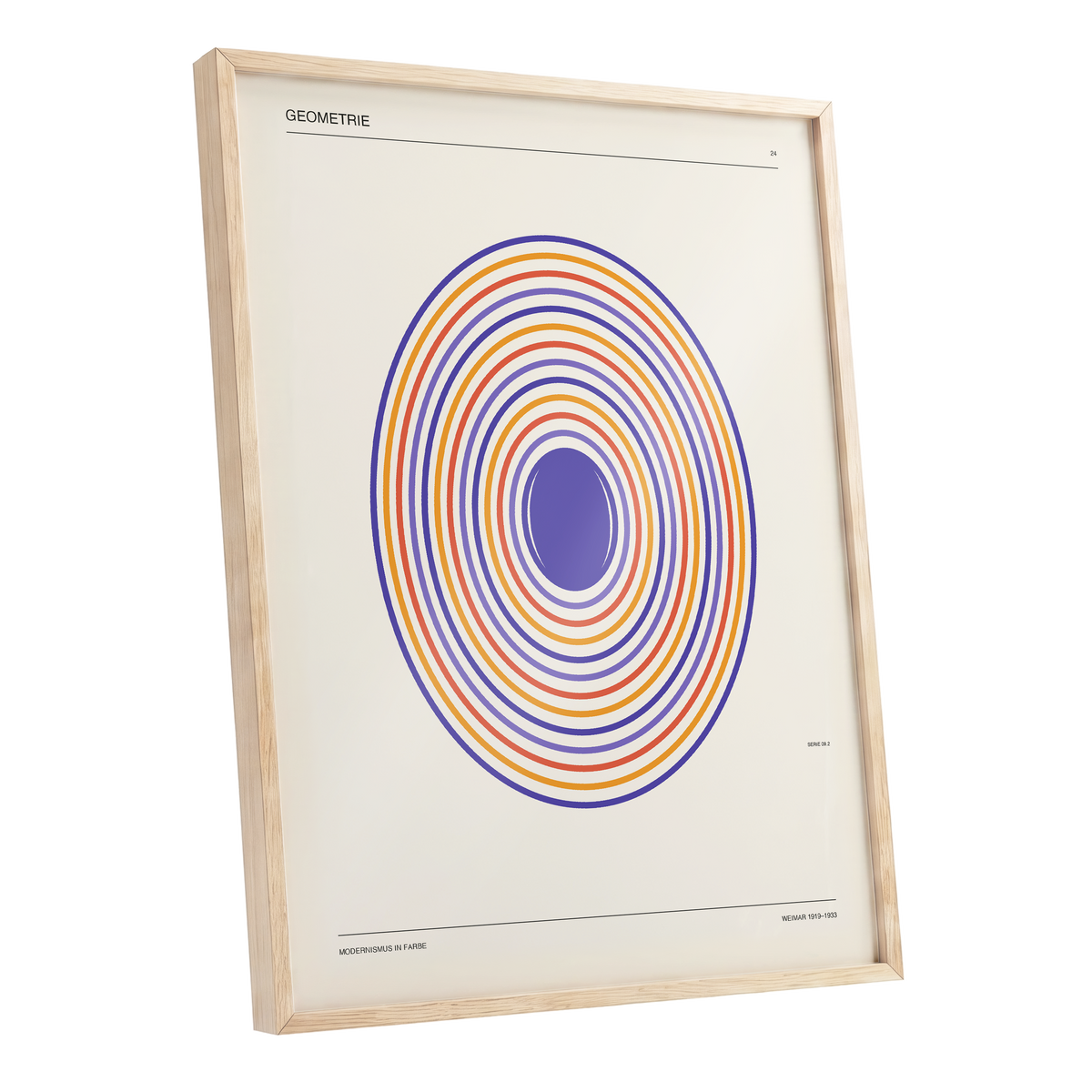 Chromatic Orbit, beige, purple, orange abstract wall art shown as a oak framed poster wall art print
