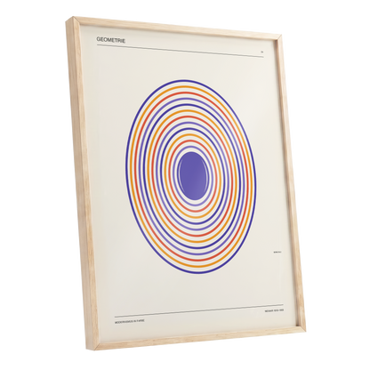 Chromatic Orbit, beige, purple, orange abstract wall art shown as a oak framed poster wall art print