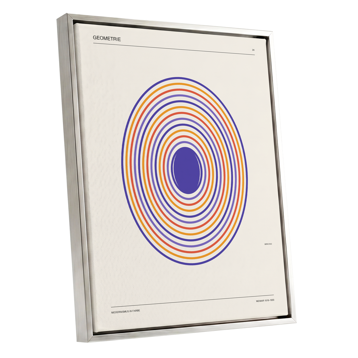 Chromatic Orbit, beige, purple, orange abstract wall art shown as a silver framed canvas wall art