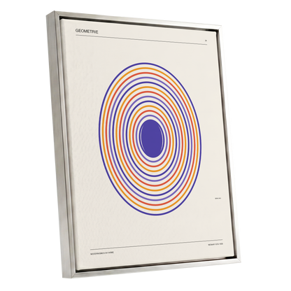 Chromatic Orbit, beige, purple, orange abstract wall art shown as a silver framed canvas wall art
