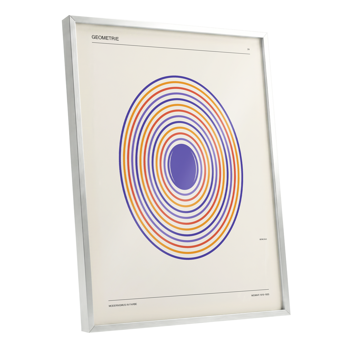 Chromatic Orbit, beige, purple, orange abstract wall art shown as a silver framed poster wall art print