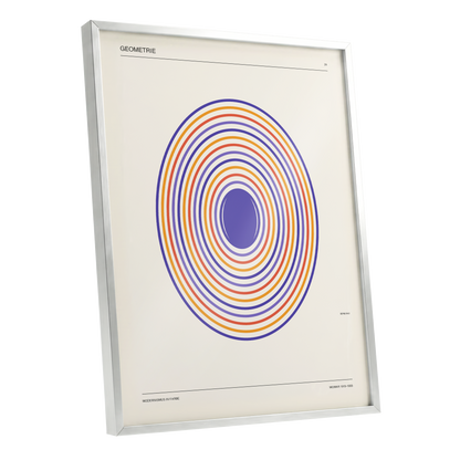Chromatic Orbit, beige, purple, orange abstract wall art shown as a silver framed poster wall art print