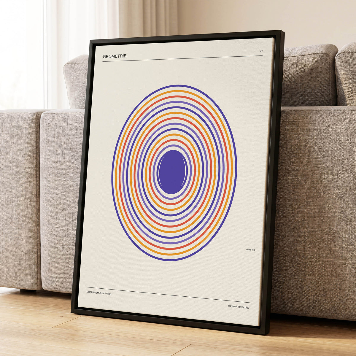 Chromatic Orbit, beige, purple, orange abstract wall art displayed in a styled interior, gallery view 1