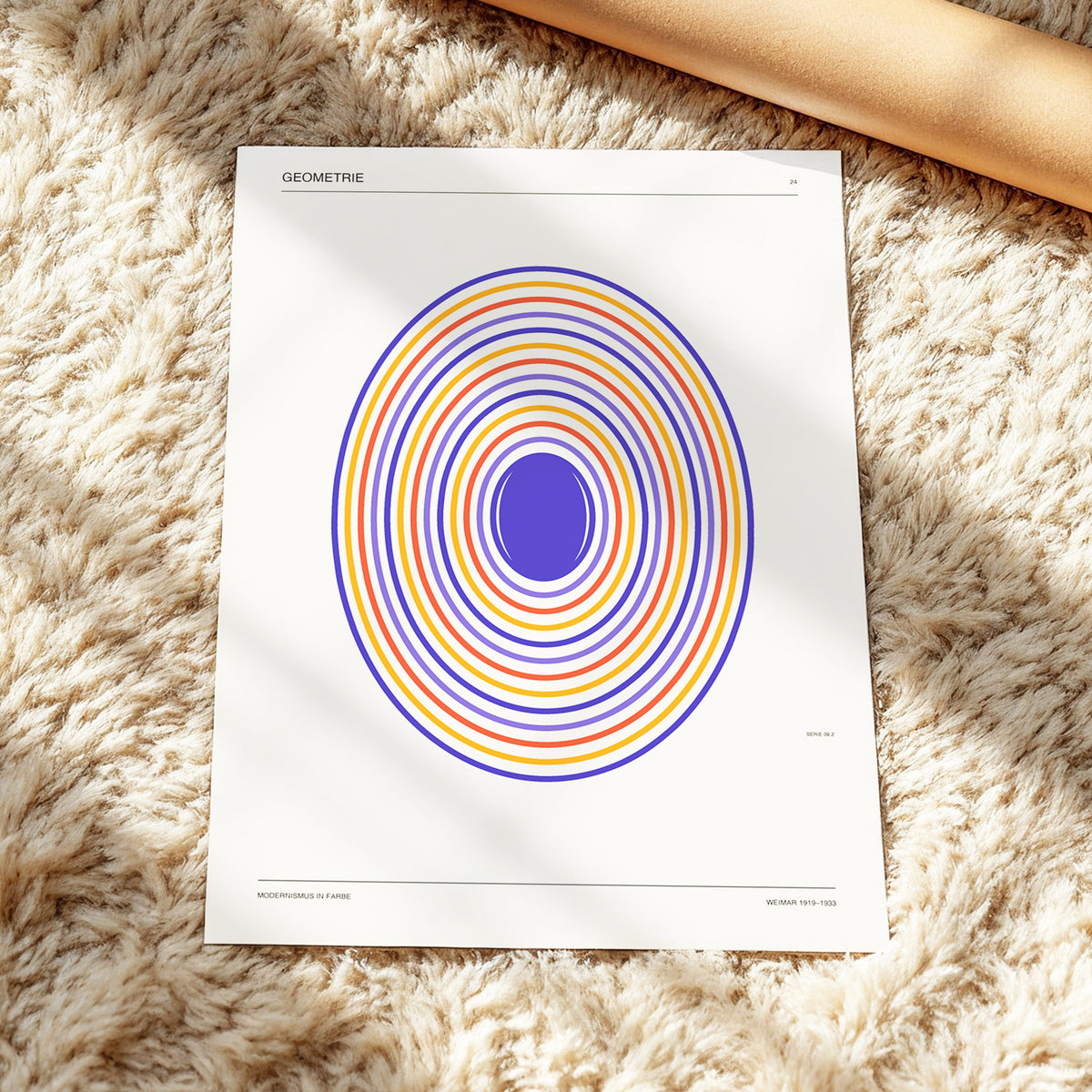 Chromatic Orbit, beige, purple, orange abstract wall art displayed in a styled interior, gallery view 2