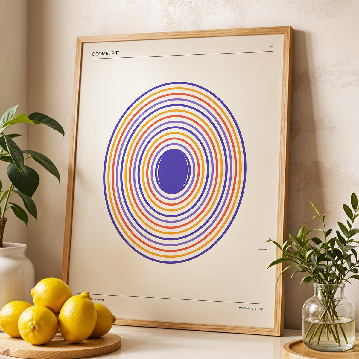Chromatic Orbit, beige, purple, orange abstract wall art displayed in a styled interior, gallery view 3