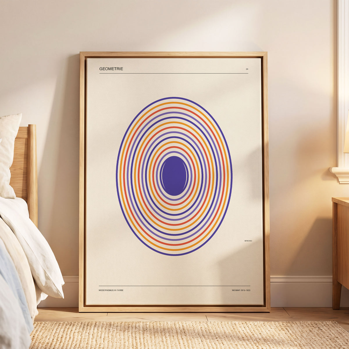 Chromatic Orbit, beige, purple, orange abstract wall art displayed in a styled interior, gallery view 5
