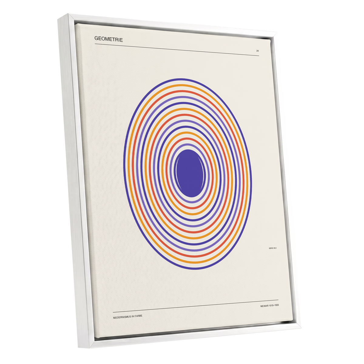 Chromatic Orbit, beige, purple, orange abstract wall art shown as a white framed canvas wall art