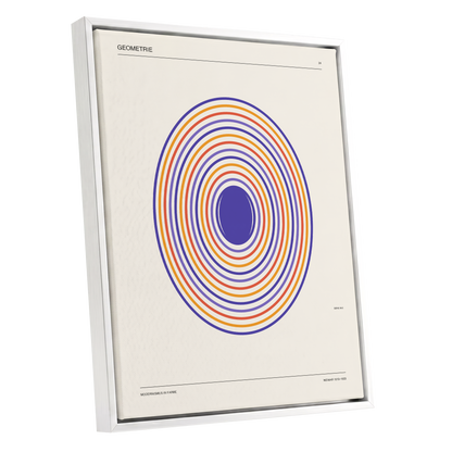 Chromatic Orbit, beige, purple, orange abstract wall art shown as a white framed canvas wall art