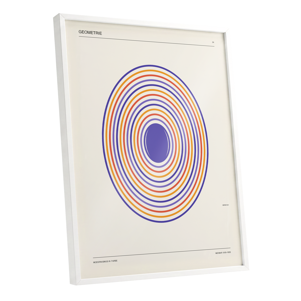 Chromatic Orbit, beige, purple, orange abstract wall art shown as a white framed poster wall art print