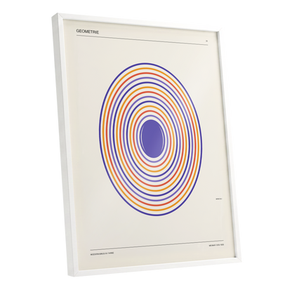 Chromatic Orbit, beige, purple, orange abstract wall art shown as a white framed poster wall art print