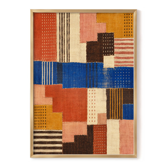 Chromatic Patchwork, blue, orange, beige abstract wall art, front artwork view