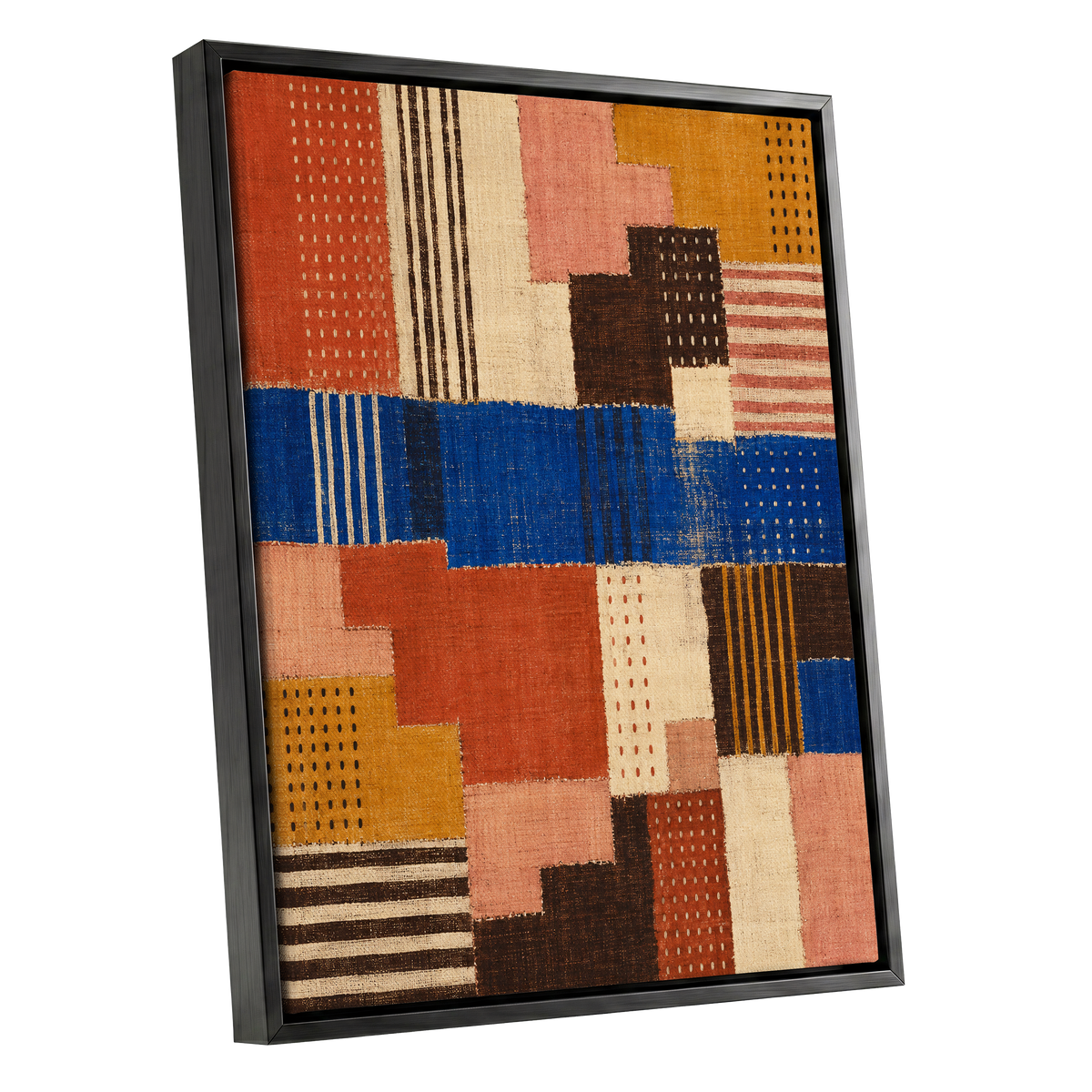 Chromatic Patchwork, blue, orange, beige abstract wall art shown as a black framed canvas wall art