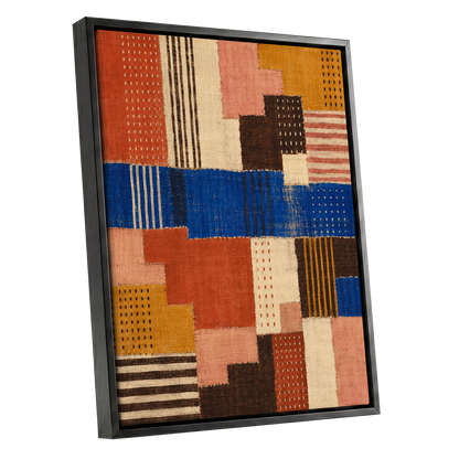 Chromatic Patchwork, blue, orange, beige abstract wall art shown as a black framed canvas wall art