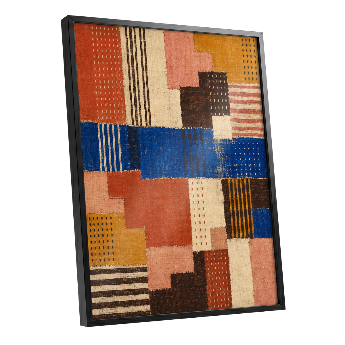 Chromatic Patchwork, blue, orange, beige abstract wall art shown as a black framed poster wall art print