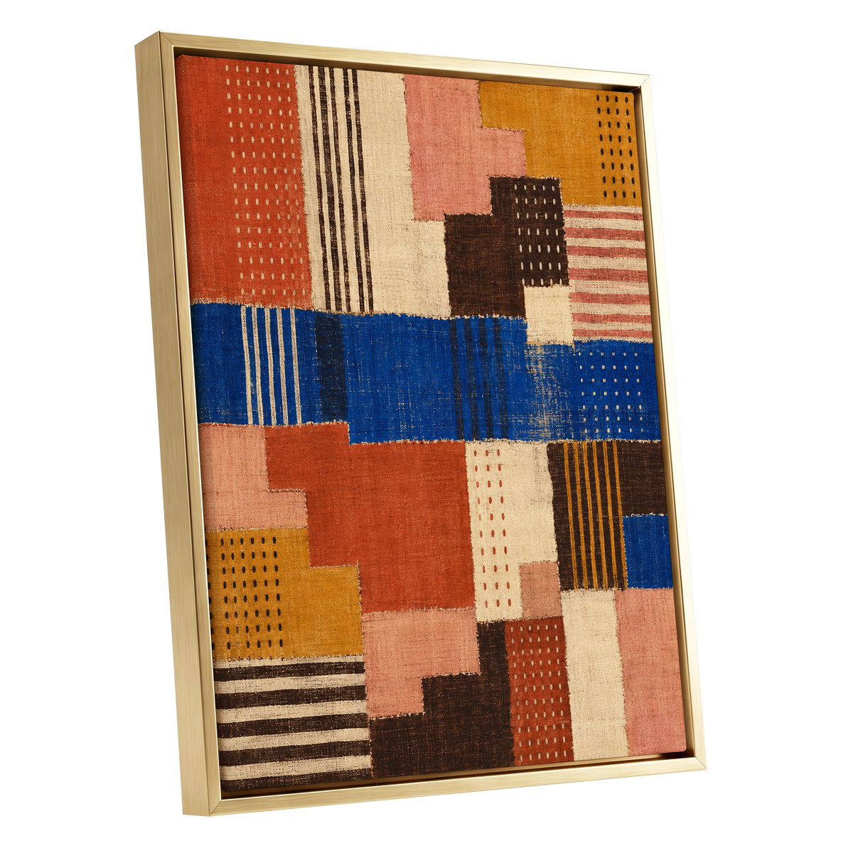 Chromatic Patchwork, blue, orange, beige abstract wall art shown as a gold framed canvas wall art