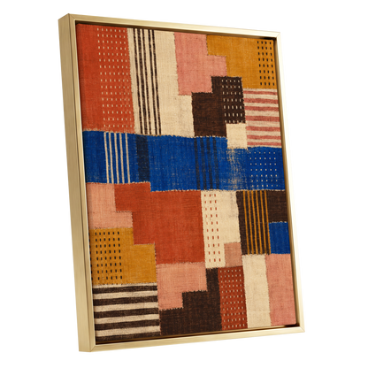 Chromatic Patchwork, blue, orange, beige abstract wall art shown as a gold framed canvas wall art